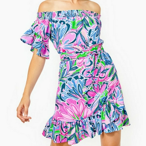 Lilly Pulitzer Dress Maddlyn Off Shoulder Tiger Sunrise Small NEW Summer 2 4 6 - Picture 3 of 12